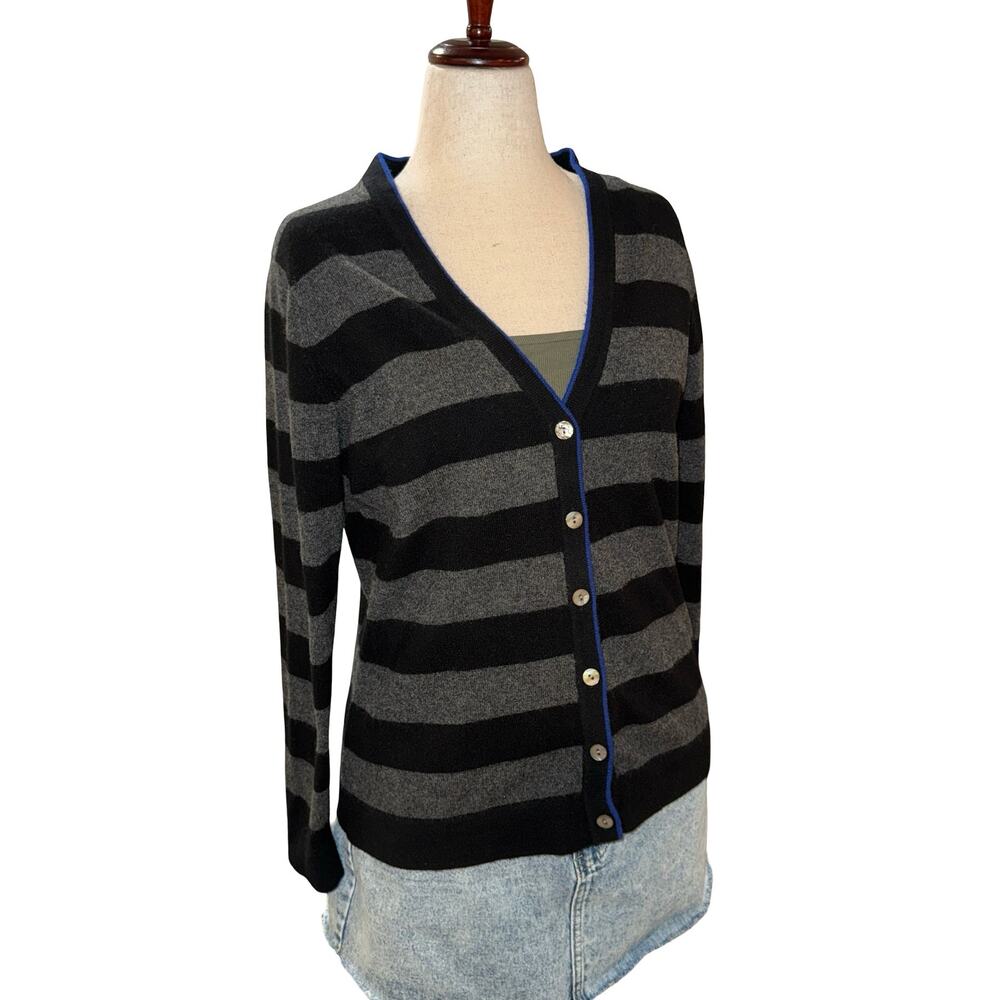 Lauren Hansen Black and Gray Striped 100% 2-Ply Cashmere Cardigan XL‎